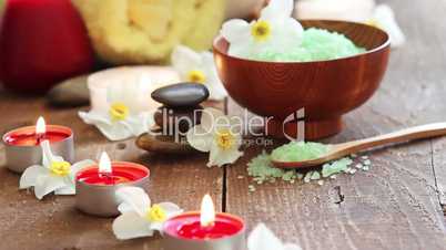 Spa salt scrub massage oil and candles