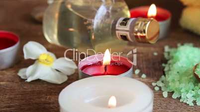 Bath salt massage oil and candles for spa