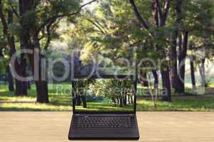 Laptop on a table against a blurred background forest