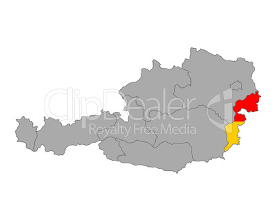 Karte von Österreich mit Fahne des Burgenlands