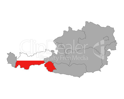 Karte von Österreich mit Fahne von Tirol