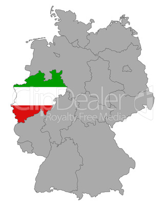 Karte von Deutschland mit Fahne von Nordrhein-Westfalen
