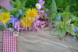 Frühlingsblumen auf einem holzbrett