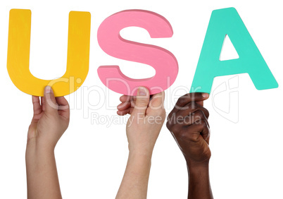 Multikulturell People Gruppe halten das Wort USA