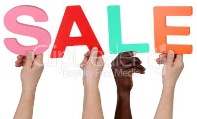 Multikulturell People Gruppe halten das Wort Sale