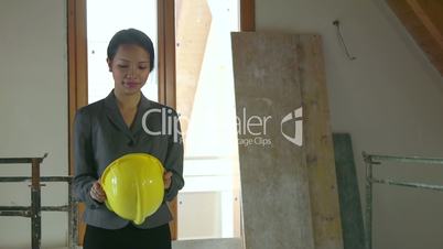Asian Woman Portrait Engineer Architect In Construction Site New Building