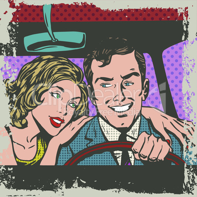 Man and woman in the car pop art comics retro style Halftone