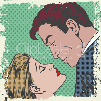 man and woman about to kiss pop art comics retro style Halftone