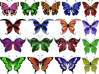 Set of seventeen colorful butterflies