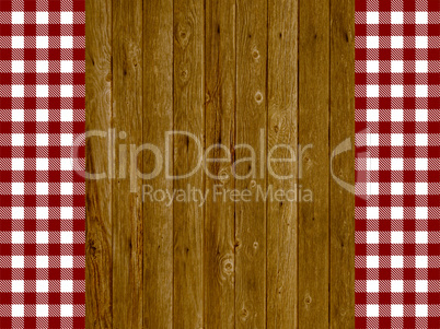 Holzhintergrund mit Tischdeckenstreifen rot weiß