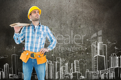 Composite image of thoughtful worker carrying wooden planks