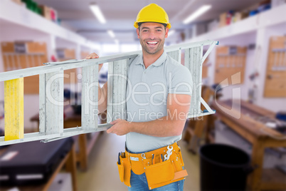 Composite image of portrait of smiling repairman carrying ladder