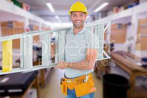 Composite image of portrait of smiling repairman carrying ladder