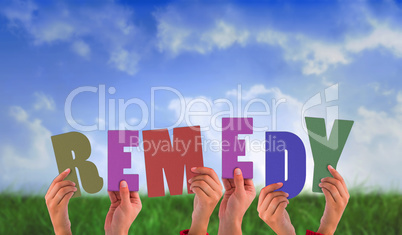 Composite image of hands holding up remedy