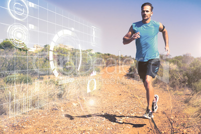 Composite image of athletic man jogging on country trail