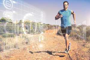 Composite image of athletic man jogging on country trail