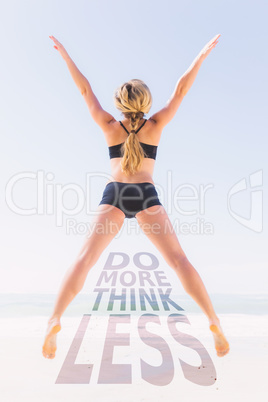 Composite image of fit blonde jumping on the beach with arms out