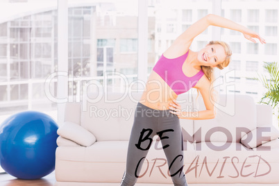 Composite image of blonde smiling at camera while stretching
