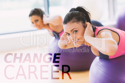 Composite image of portrait of two fit women exercising on fitne