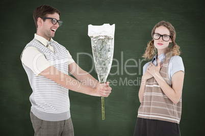 Composite image of geeky hipster offering flowers to his girlfri