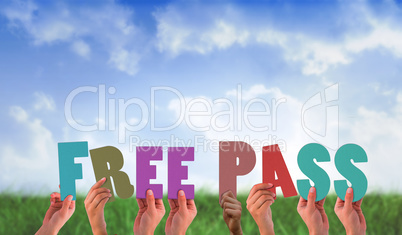 Composite image of hands holding up free pass