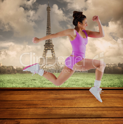 Composite image of fit brunette running and jumping