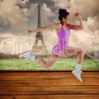 Composite image of fit brunette running and jumping