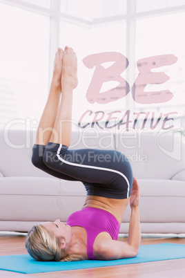 Composite image of slim blonde lifting her legs and hips on exer