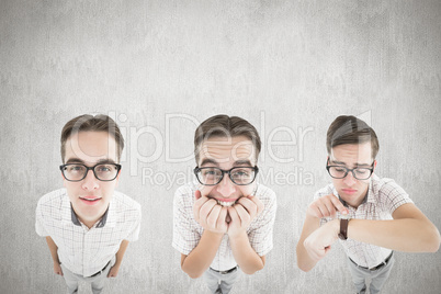 Composite image of nerd checking the time