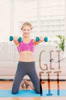 Composite image of smiling blonde lifting dumbbells on exercise