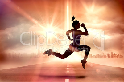 Composite image of fit brunette running and jumping