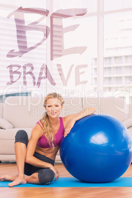 Composite image of slim blonde sitting beside exercise ball smil
