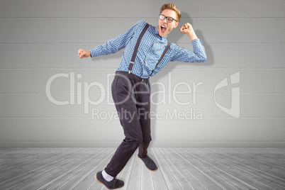 Composite image of geeky hipster dancing to vinyl