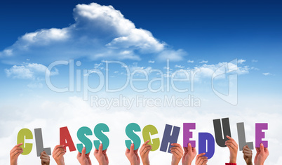 Composite image of hands holding up class schedule