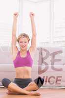 Composite image of happy blonde sitting in lotus pose with arms