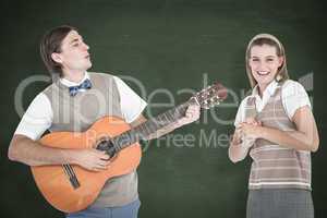 Composite image of geeky hipster serenading his girlfriend with