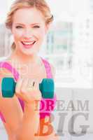 Composite image of blonde lifting dumbbells and smiling at camer