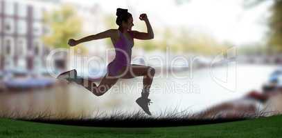 Composite image of fit brunette running and jumping