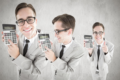 Composite image of nerd with calculator