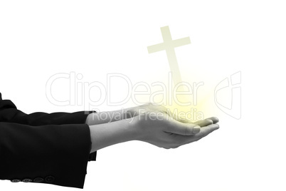 Composite image of businesswomans hands presenting