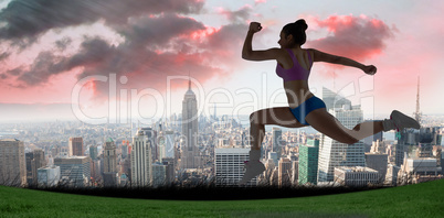 Composite image of fit brunette running and jumping