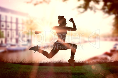 Composite image of fit brunette running and jumping