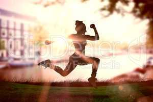 Composite image of fit brunette running and jumping