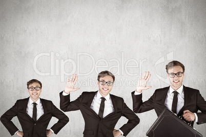 Composite image of nerdy businessman waving