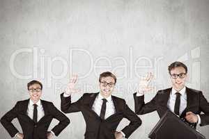 Composite image of nerdy businessman waving