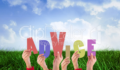 Composite image of hands holding up advice