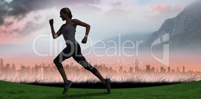 Composite image of pretty fit blonde jogging