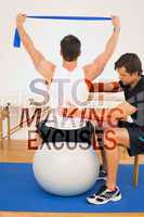 Composite image of man on yoga ball working with a physical ther