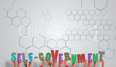 Composite image of hands holding up self government