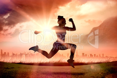 Composite image of fit brunette running and jumping